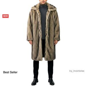 Long Faux Fur Coat Trench Jacket Men's Winter Elegant Classic Toggle Closure